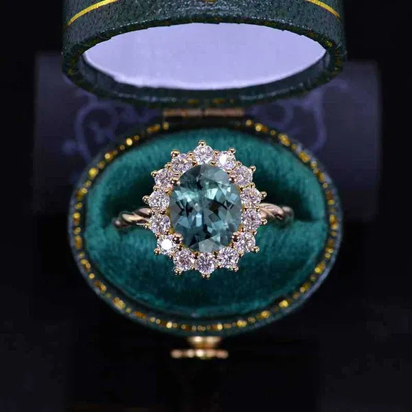 3 CT Oval Halo Teal Sapphire Vintage Wedding Ring. 14K Solid Gold Engagement Ring Anniversary Ring, Teal Sapphire Double Halo Ring