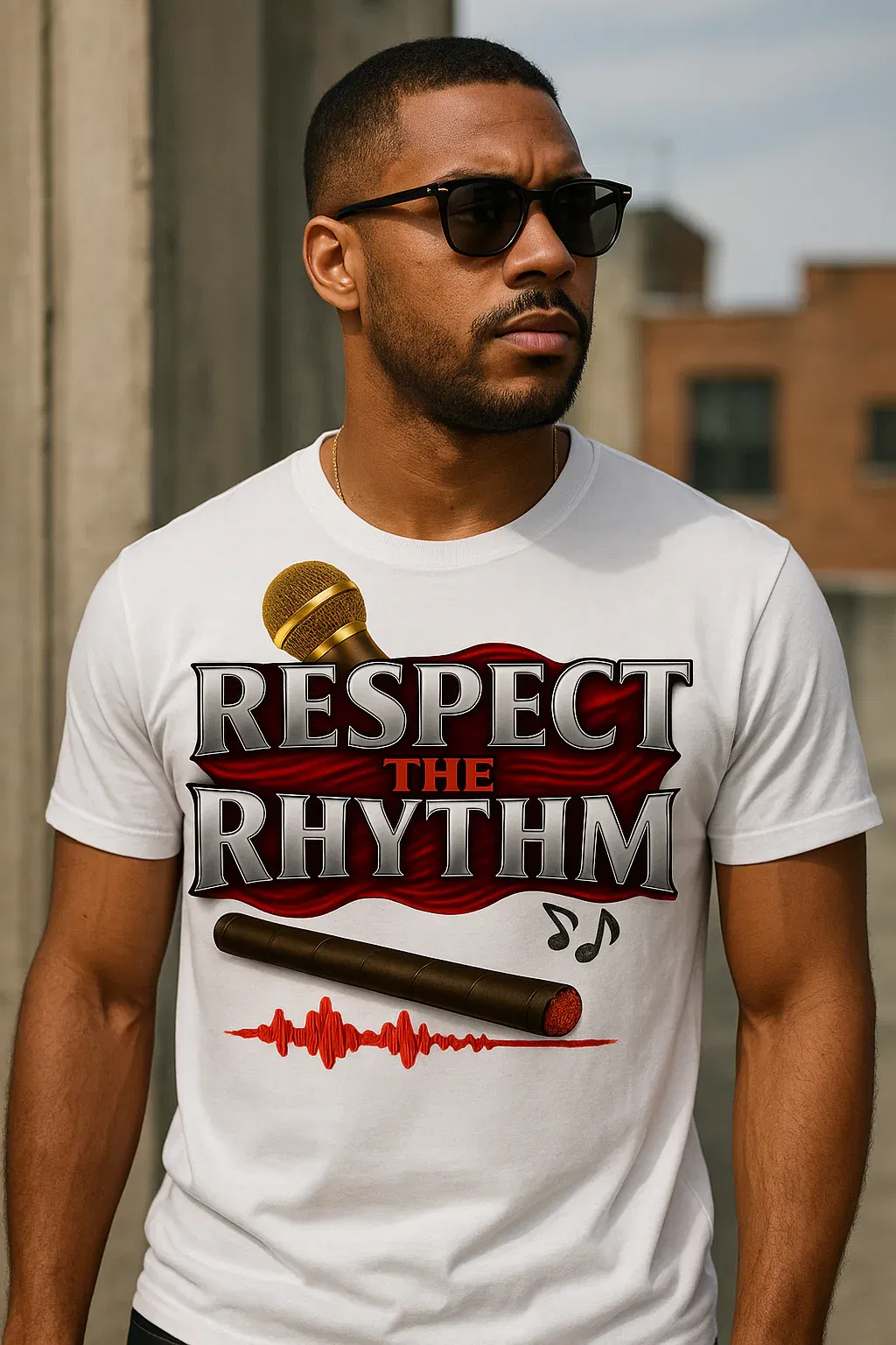 Respect the Rhythm™ Tee – Mic, Cigar & Soundwave Graphic