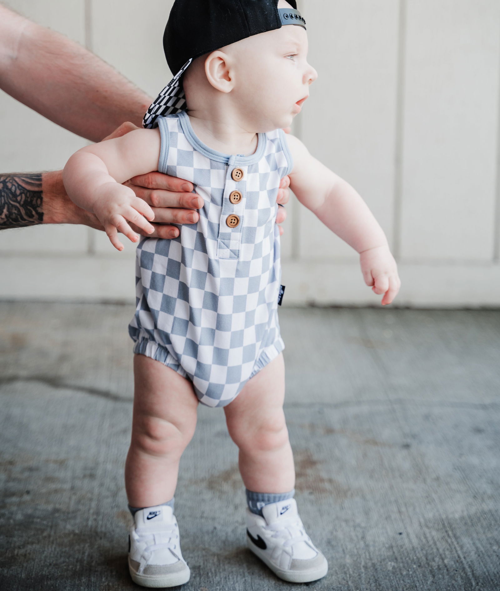 COTTON HENLEY ROMPER- Stone Check