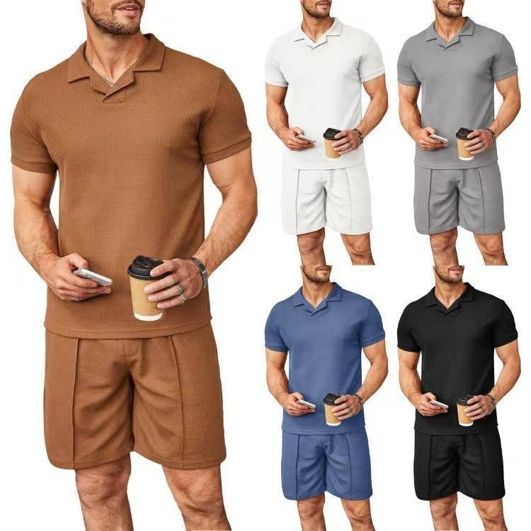 2pcs Set Men V Neck Polo Shirt Lapel Short Sleeve Men's Suit Waffle St