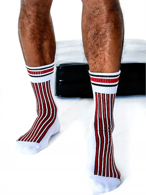 Men's Thick Crew Socks with Black and White Vertical Stripes - Gay Men's Kink And Fetish Shop