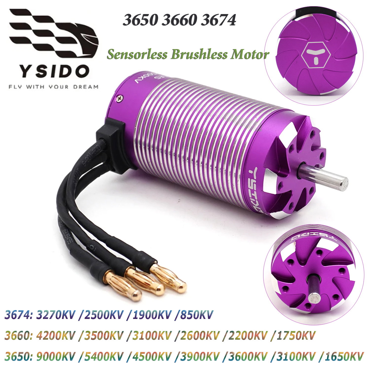 YSIDO RC Motor 3650 3660 3674 Sensorless Brushless Motor 5.0mm/3.175mm Shaft for 1/8 1/10 RC Car Drift Racing Off-Road RC Boat