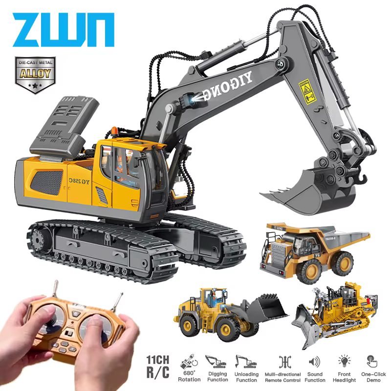 ZWN 2.4G Remote Control Excavator Dump Truck RC Model Car Toy Professional Alloy Plastic Simulation Construction Vehicle for Children