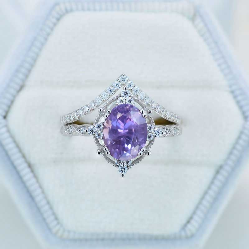 14K White Gold Ring 2CT Oval Vintage Wedding Ring, Oval Purple Sapphire Halo Engagement Ring Set