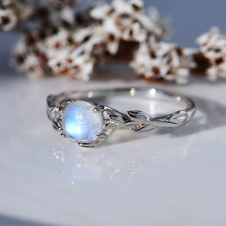 Silver Dainty Natural Moonstone Ring. Round Moonstone Floral Ring. Ready To Ship