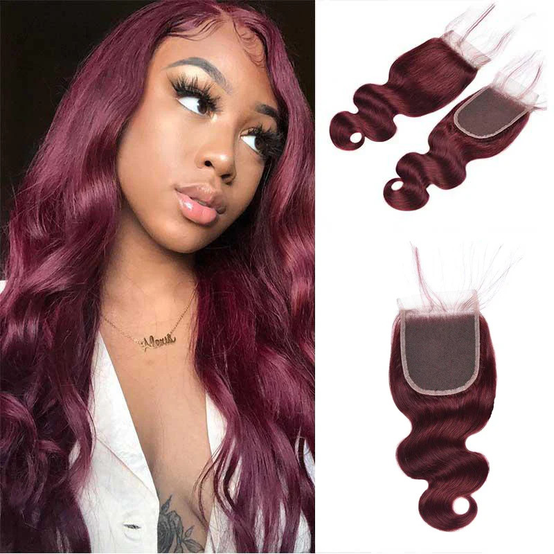 Burgundy Wavy 4x4 Human Hair Top Lace Closure Hairpiece