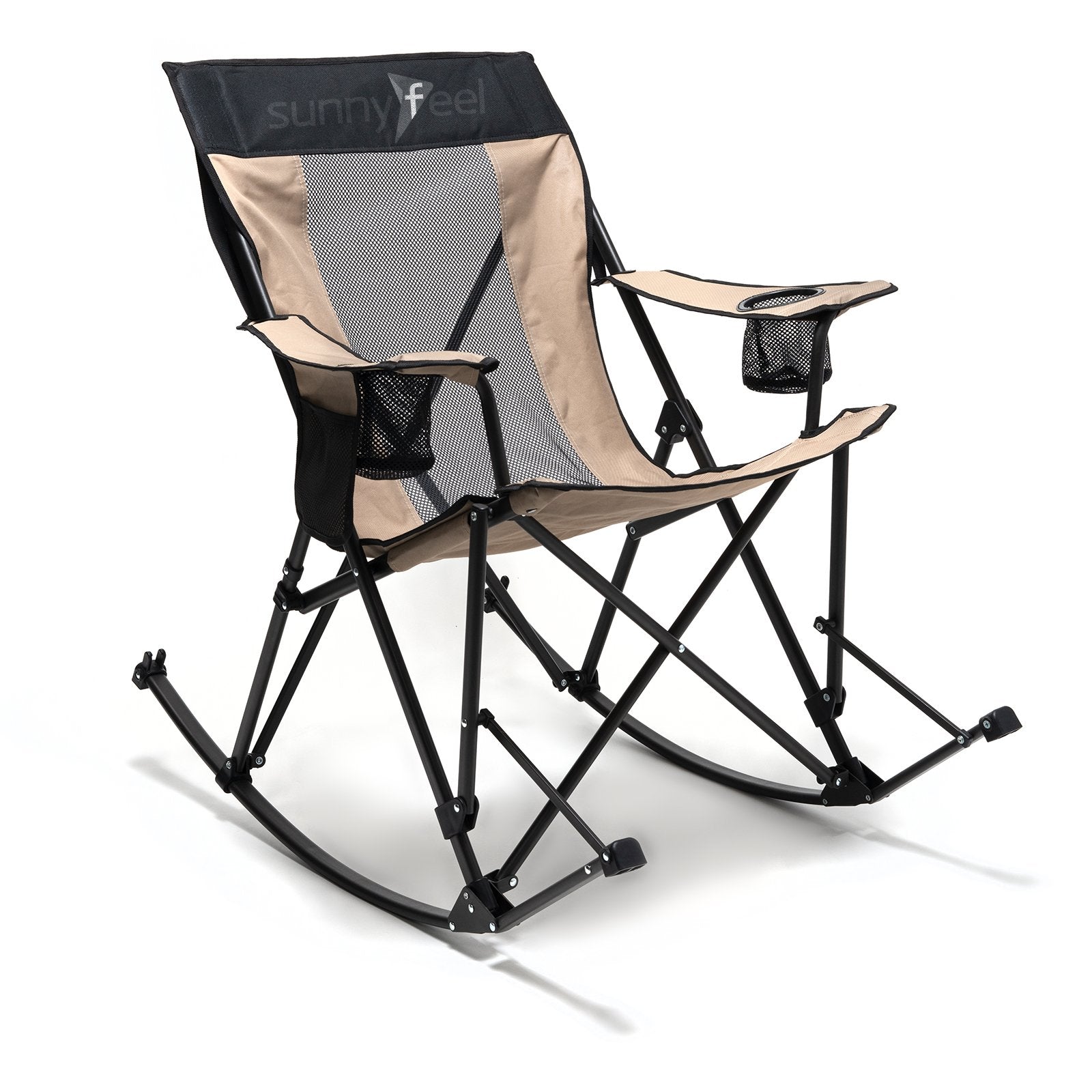 SunnyFeel™ Khaki Mesh Rocking Chair - Folding, Portable, with Cup Holder & Pocket