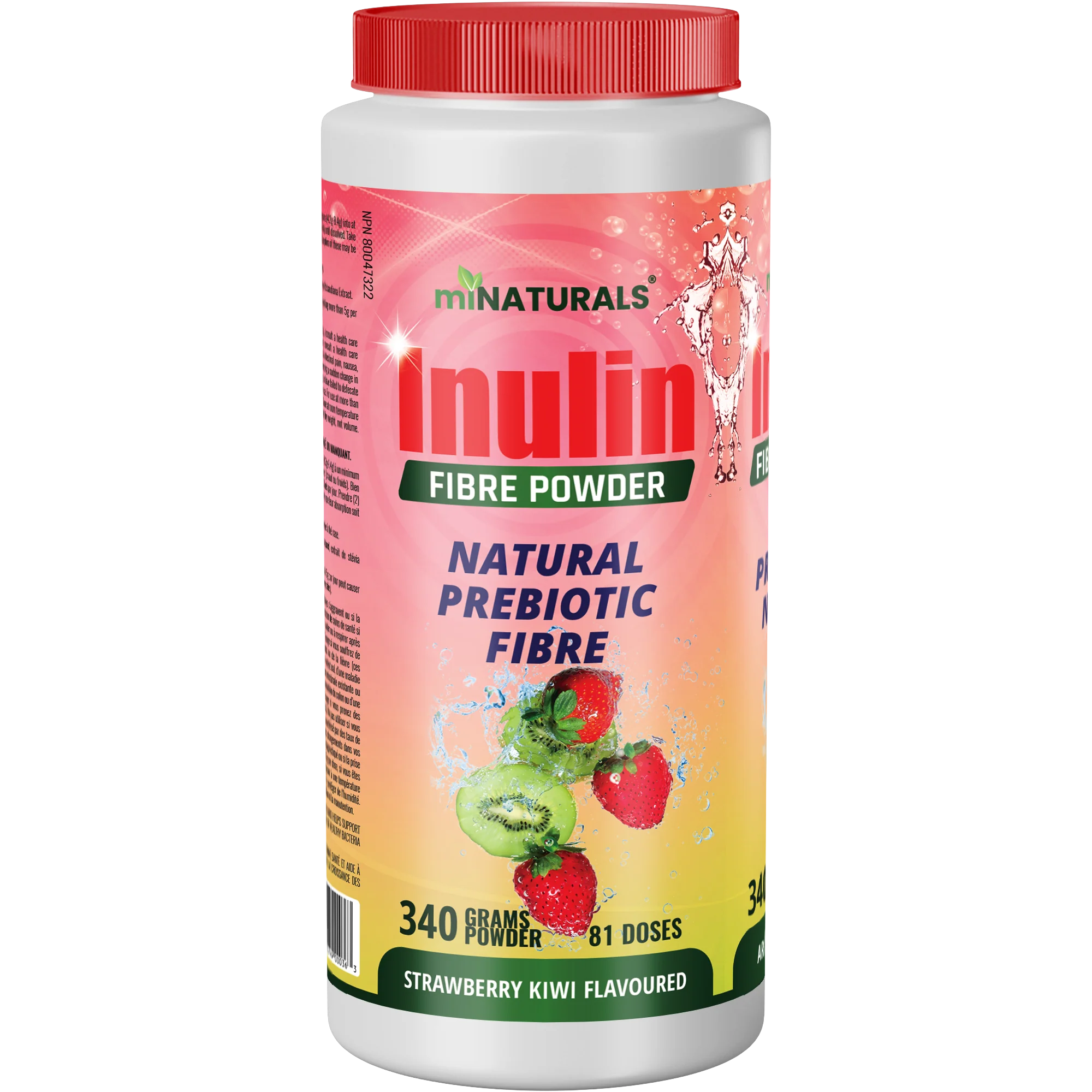 Pure Inulin Fiber Powder - Natural Prebiotic Fibre Supplement (340g - 106 Doses) - Strawberry/Kiwi Flavoured