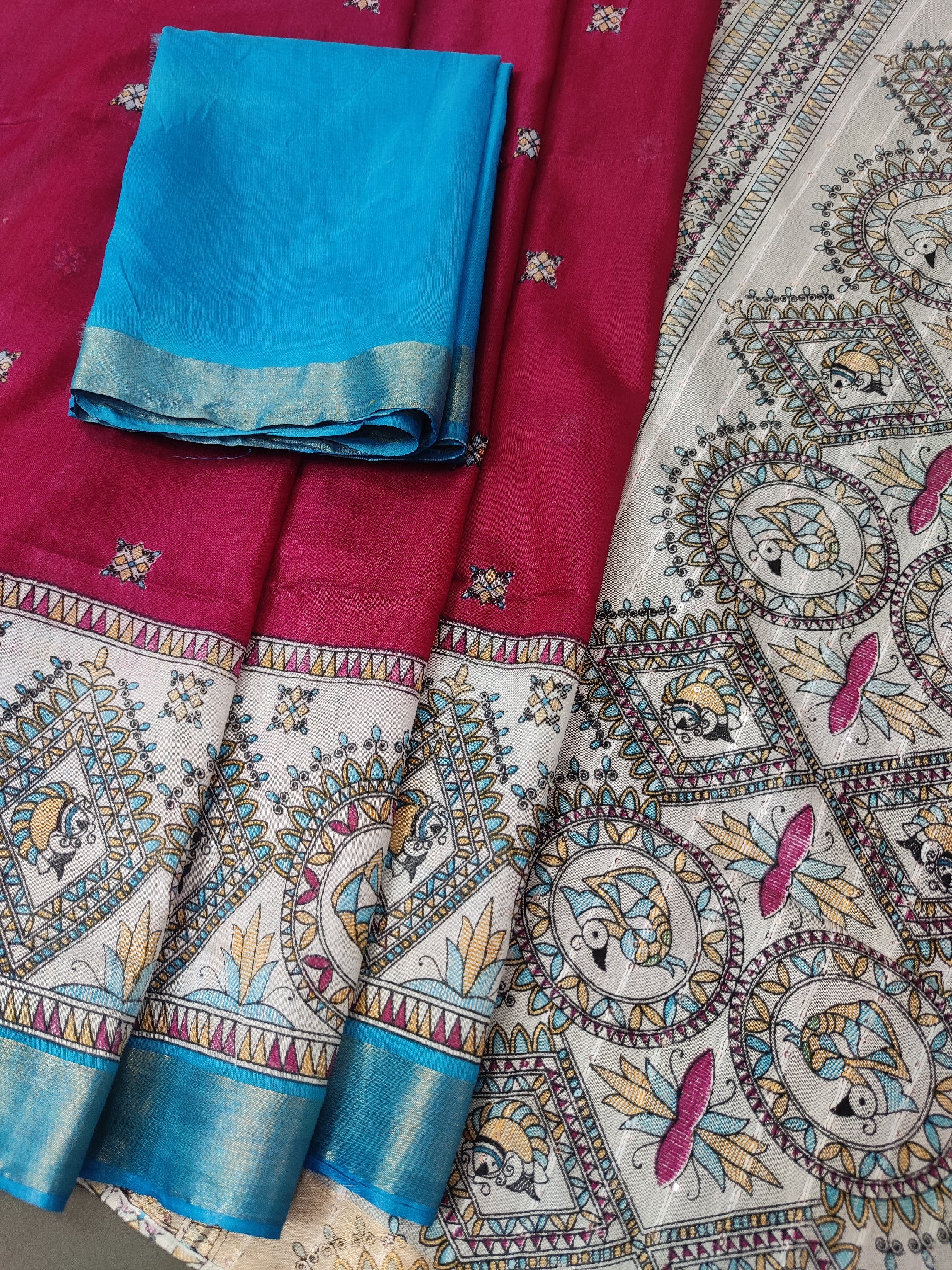 Red with Blue Madhubani Printed Saree