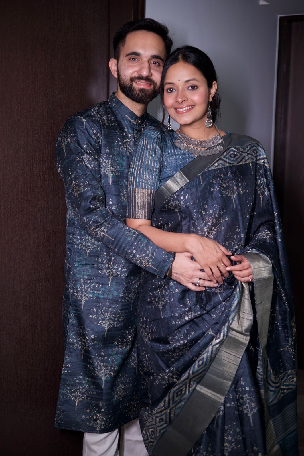 Metallic Blue Floral Bliss Tussar Couple Outfits