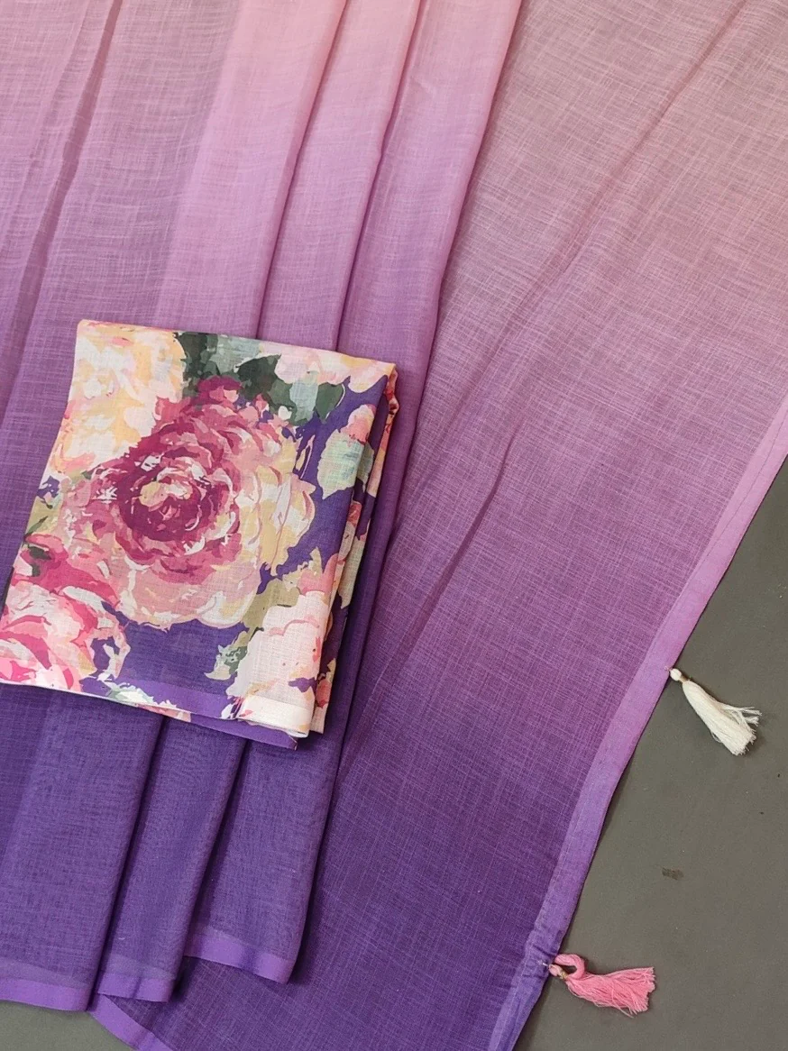 Purple Ombre Linen saree with Floral Blouse