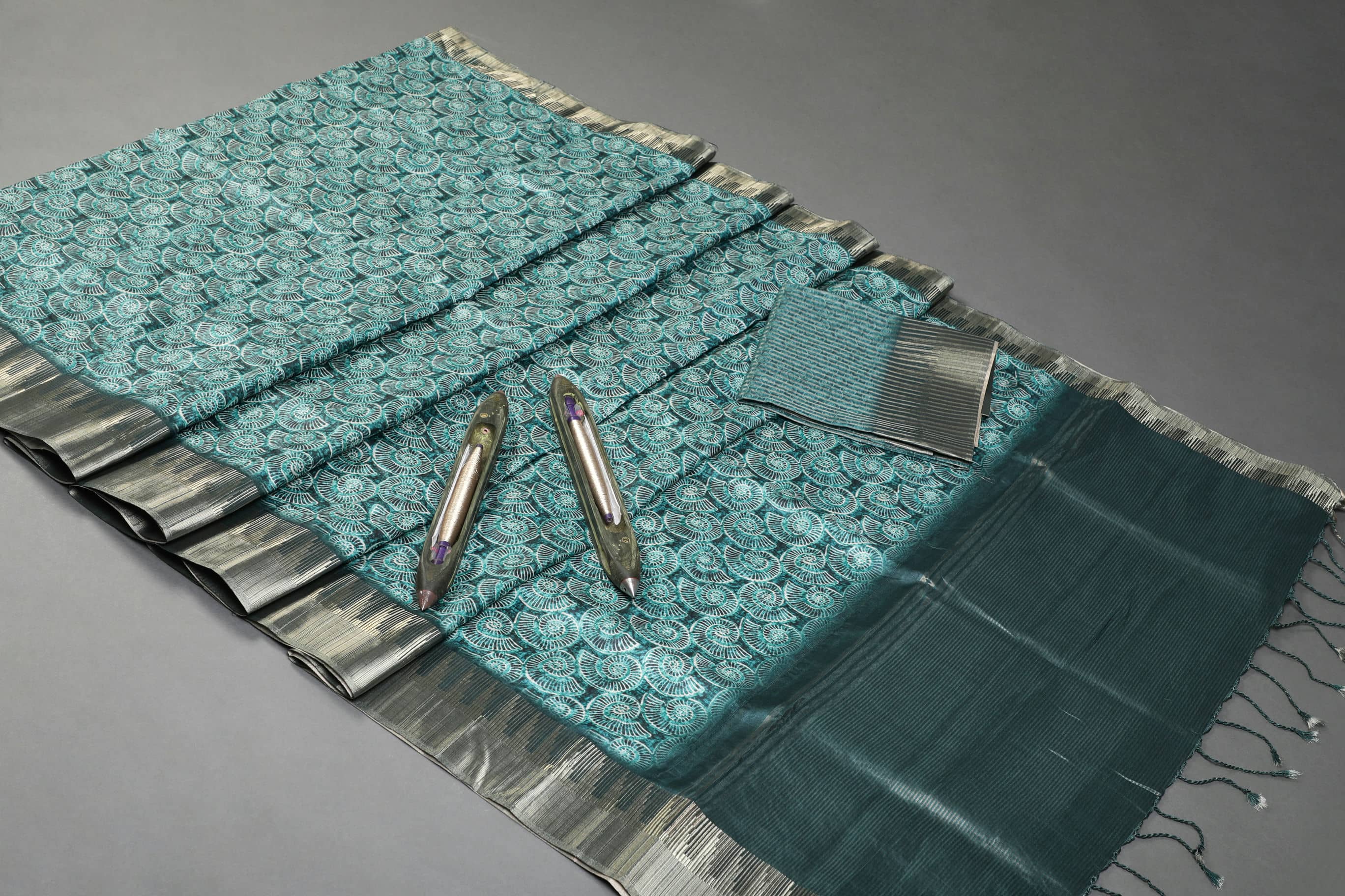 Ocean Marine Print Temple Border Chapa Handloom Tussar Saree
