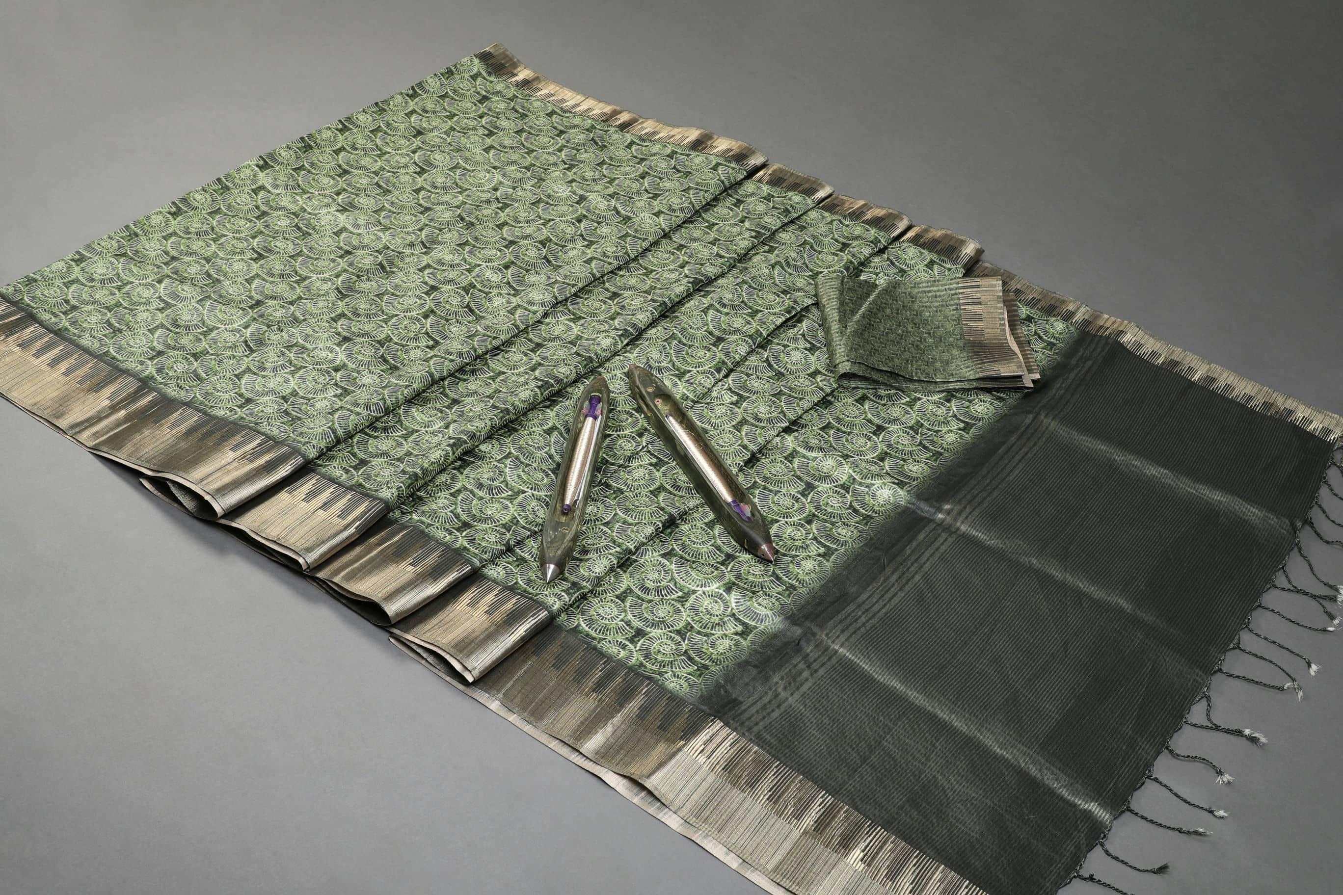 Moss Marine Temple Border Chapa Handloom Tussar Saree