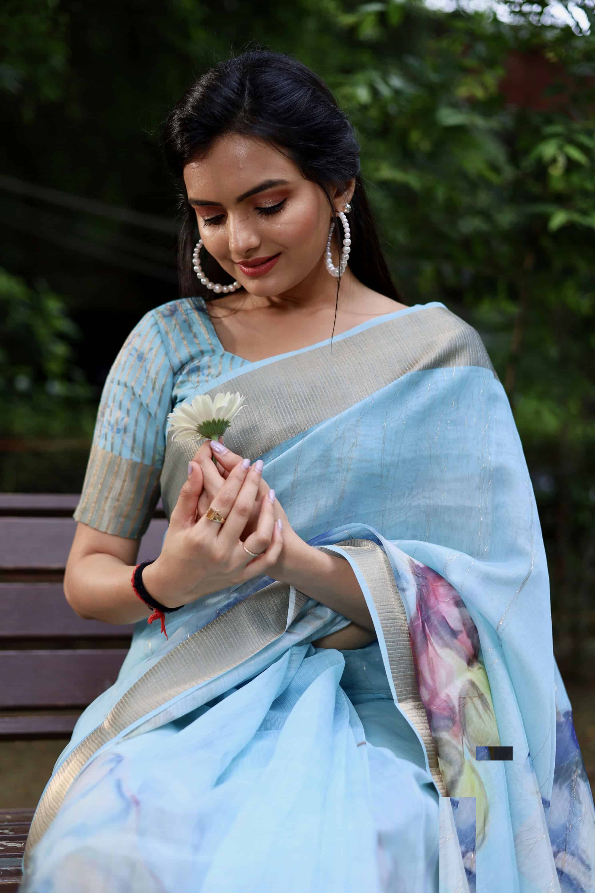 Super Rich Double Cloth Organza Saree - Sky Blue