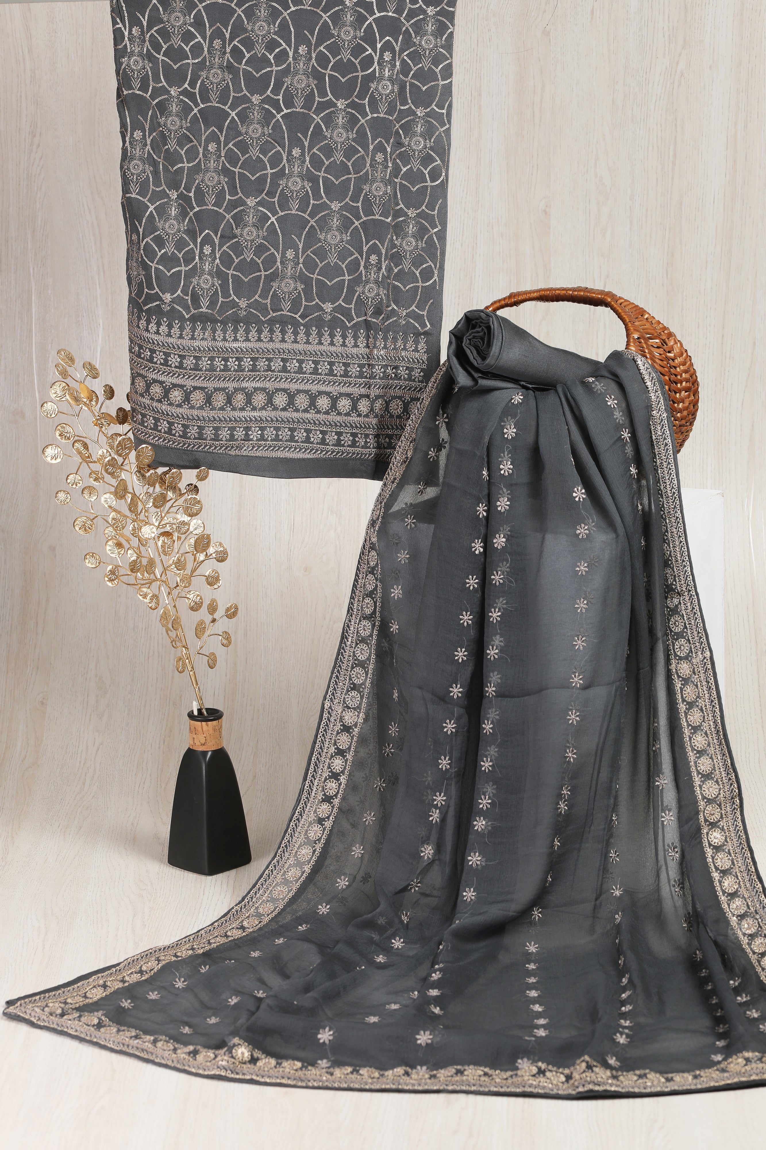 Glorifying Dark Grey Chinon Heavy Embroidery Suit