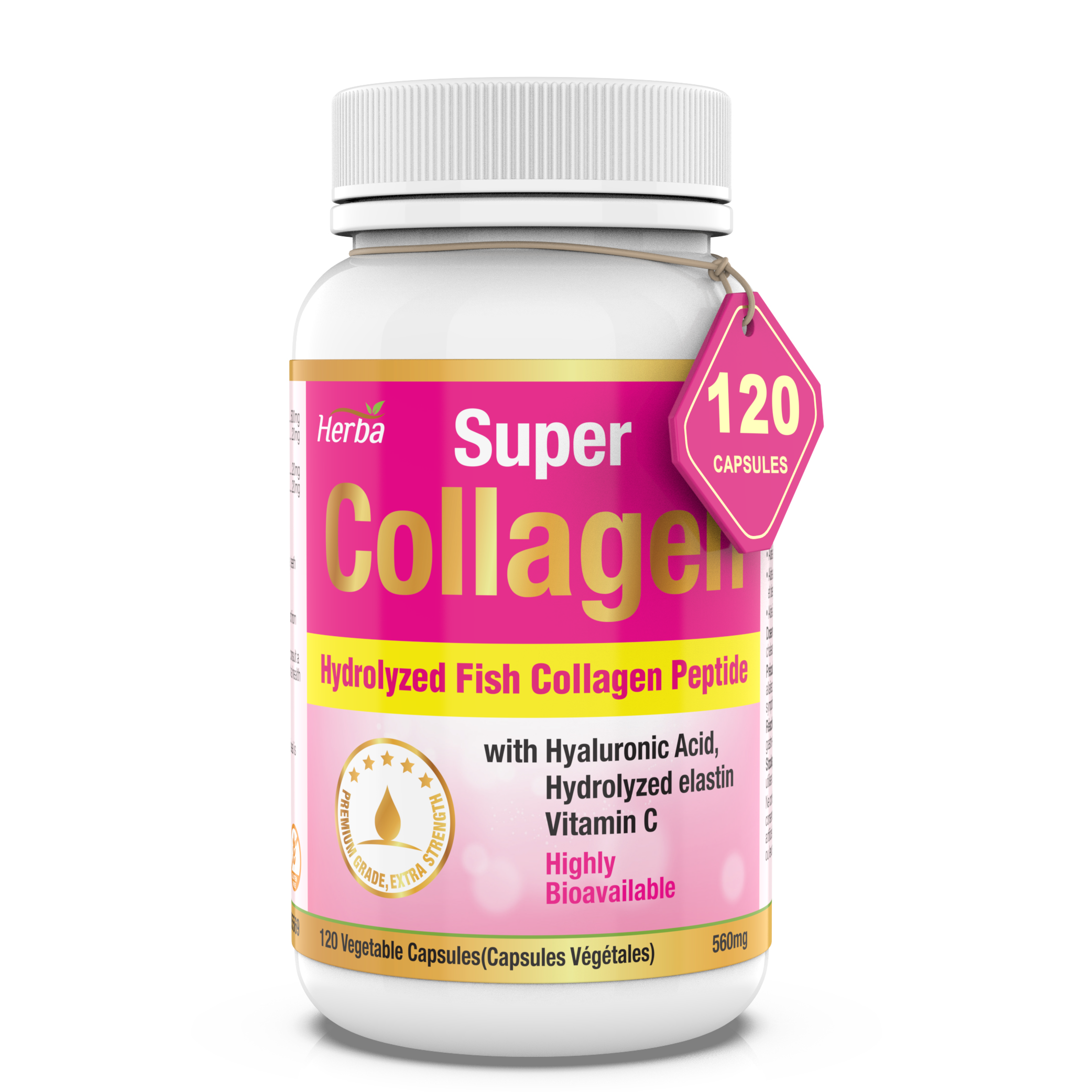 Herba Super Collagen 560mg, 120 Capsules | Type 1 and Type 3 Collagen with Hyaluronic Acid, Elastin, Vitamin C | Fish Peptides for Beauty and Health