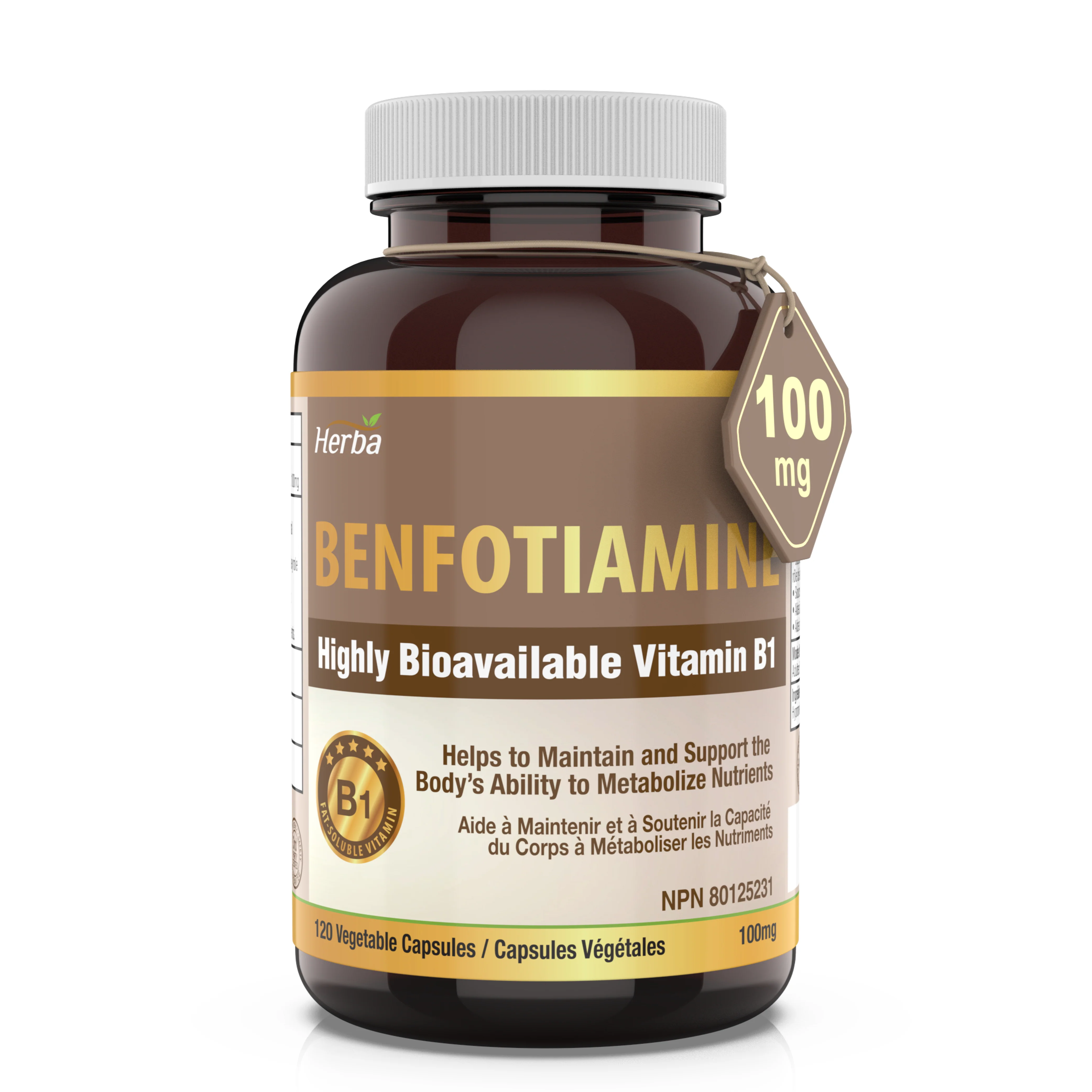 Herba Benfotiamine 100mg - 120 Capsules | Fat Soluble Vitamin B1 | Made in Canada