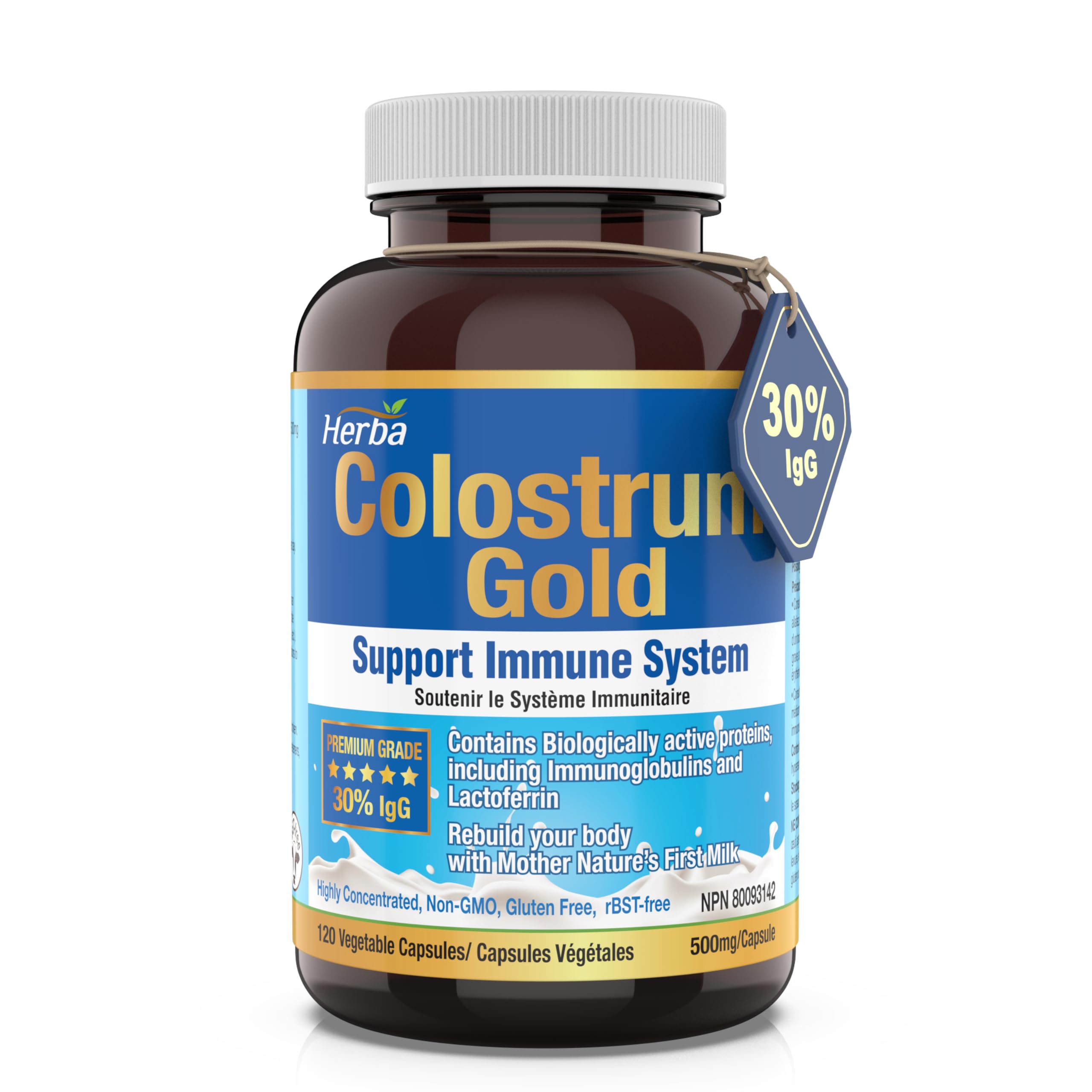 Herba Bovine Colostrum Supplements 500mg - 120 Capsules | Rich in Lactoferrin and Immunoglobulins | 30% IgG