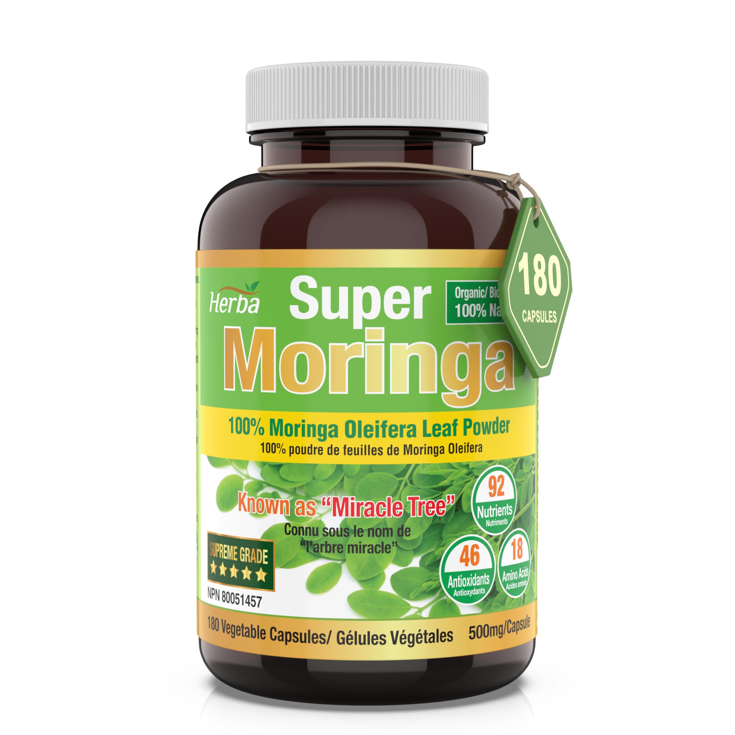 Herba Organic Moringa Leaf Capsules - 180 Vegetable Capsules | 1000mg Per Day