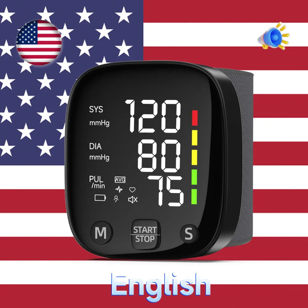 New LED Wrist Blood Pressure Monitor Rechargeable Voice Broadcast Sphygmomanometer Tonometer BP Monitor