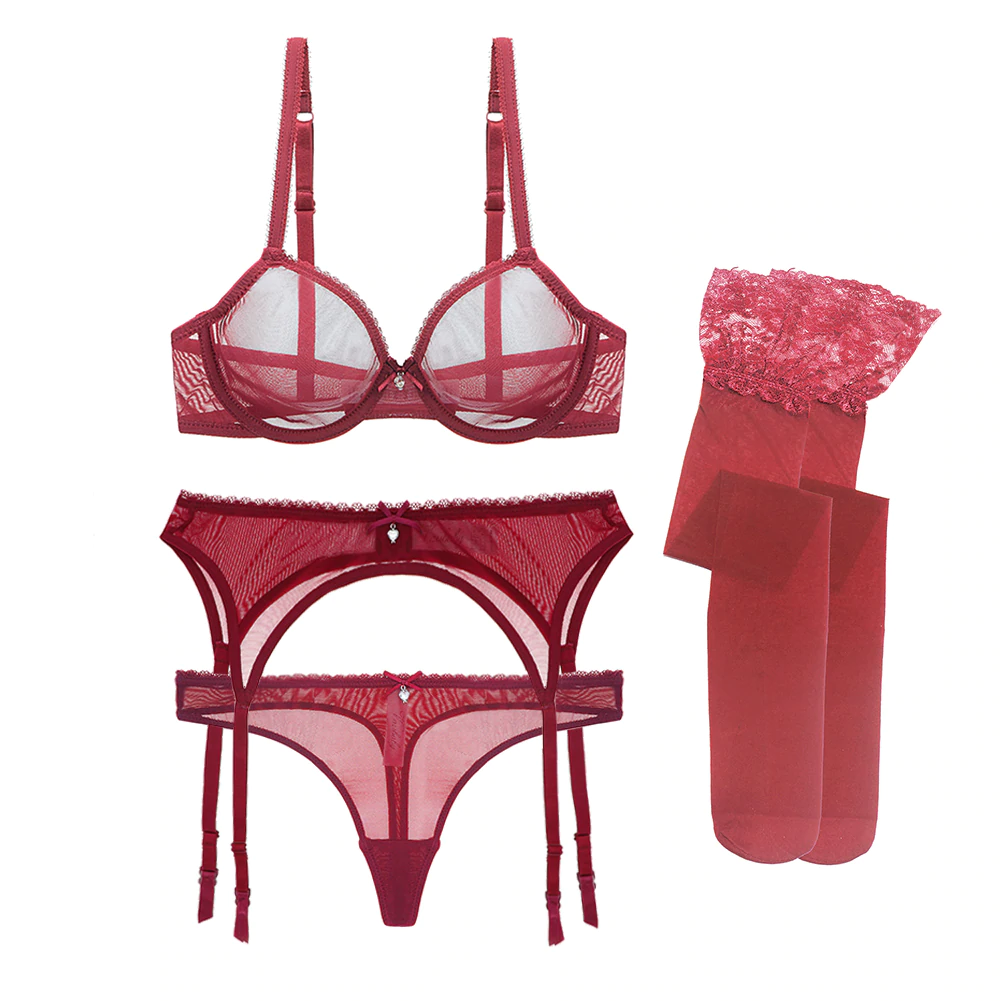 Sexy Ultra-thin Transparent Women Lingerie with Lace Teddy Strap 4 pieces