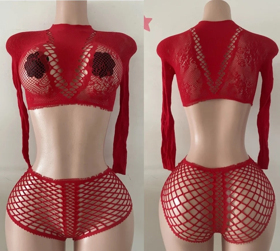 Red long sleeve with fishnet bottoms (2Pc)