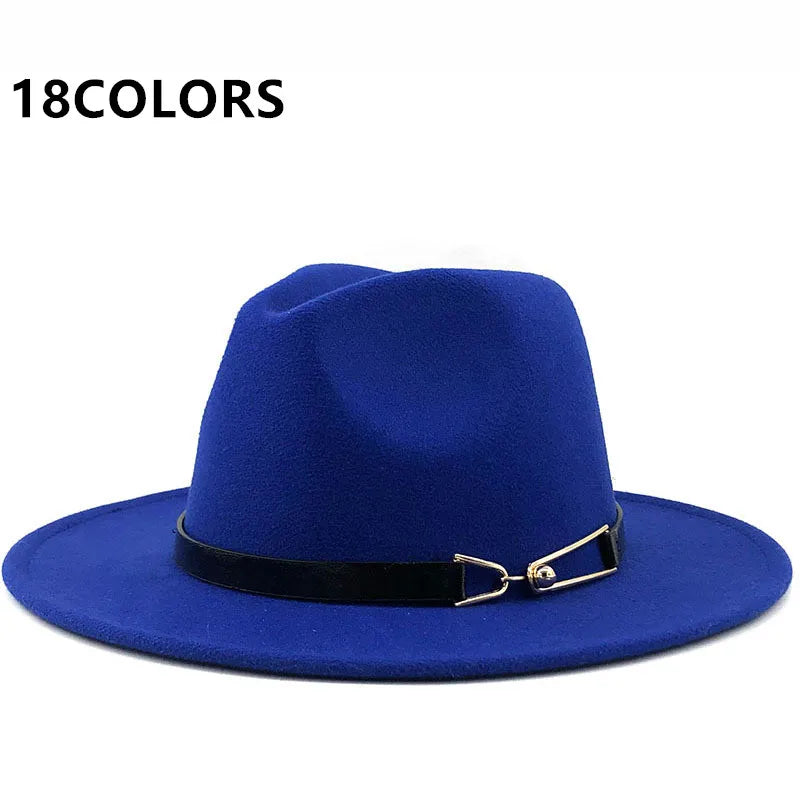Women Winter Wide Brim Fedora Hat Black Belt With Metal Buckle Panama Fedoras Fashion Jazz Hat 56-58CM Wholesale
