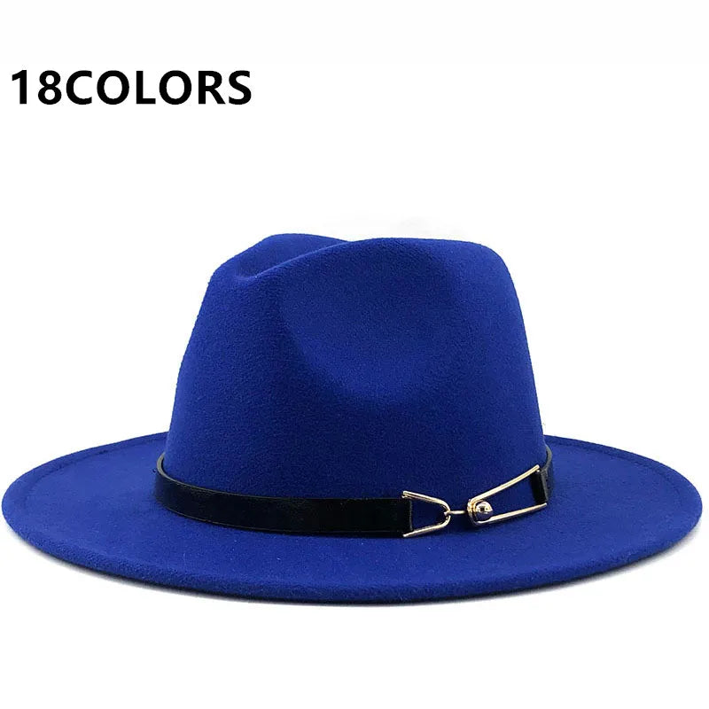 Women Winter Wide Brim Fedora Hat Black Belt With Metal Buckle Panama Fedoras Fashion Jazz Hat 56-58CM Wholesale