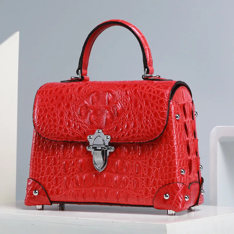 Fashion Designer Genuine Crocodile Skin Female Small Rivets Purse Studs Handbag Exotic Alligator Leather Lady Cross Shoulder Bag