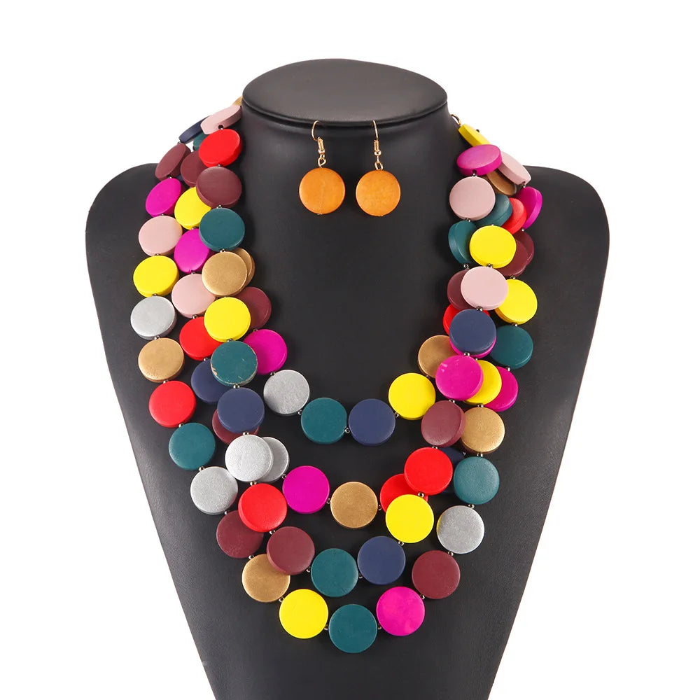 Bohemian Multilayer Long Wood Bead Statement Necklace Handmade Rainbow Beaded Jewelry