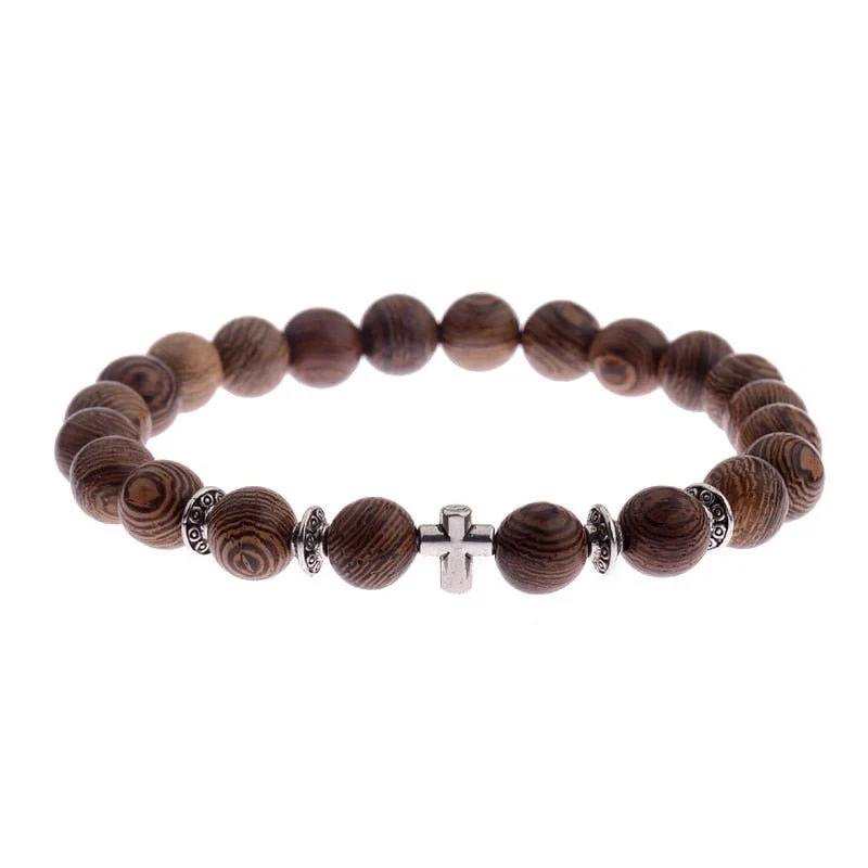 Natural Wood Onyx Bead Cross Prayer Bracelet