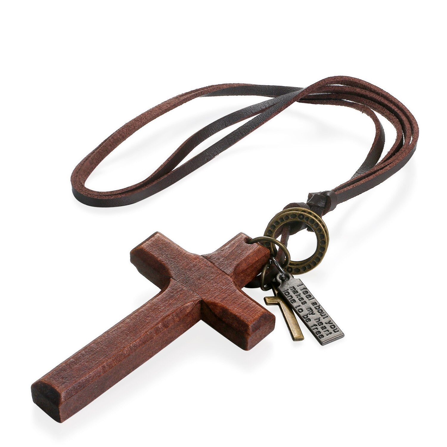 Vintage Wood Cross Adjustable Leather Necklace