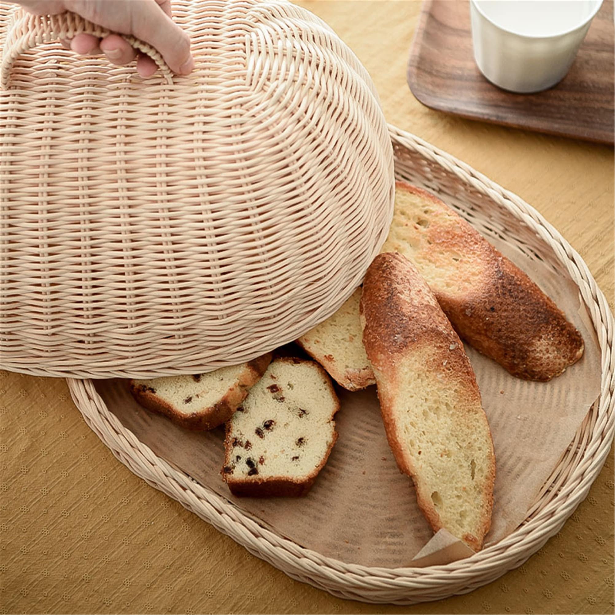 Hand knit rattan food cover, wicker food tray