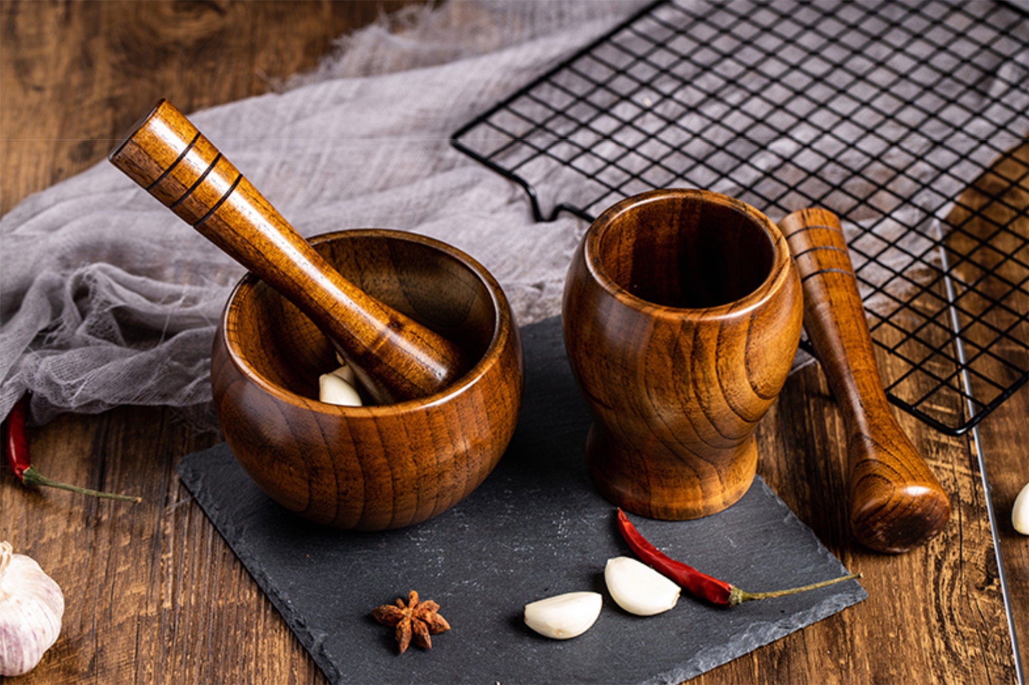 Wooden garlic press - small food mortar and pestle