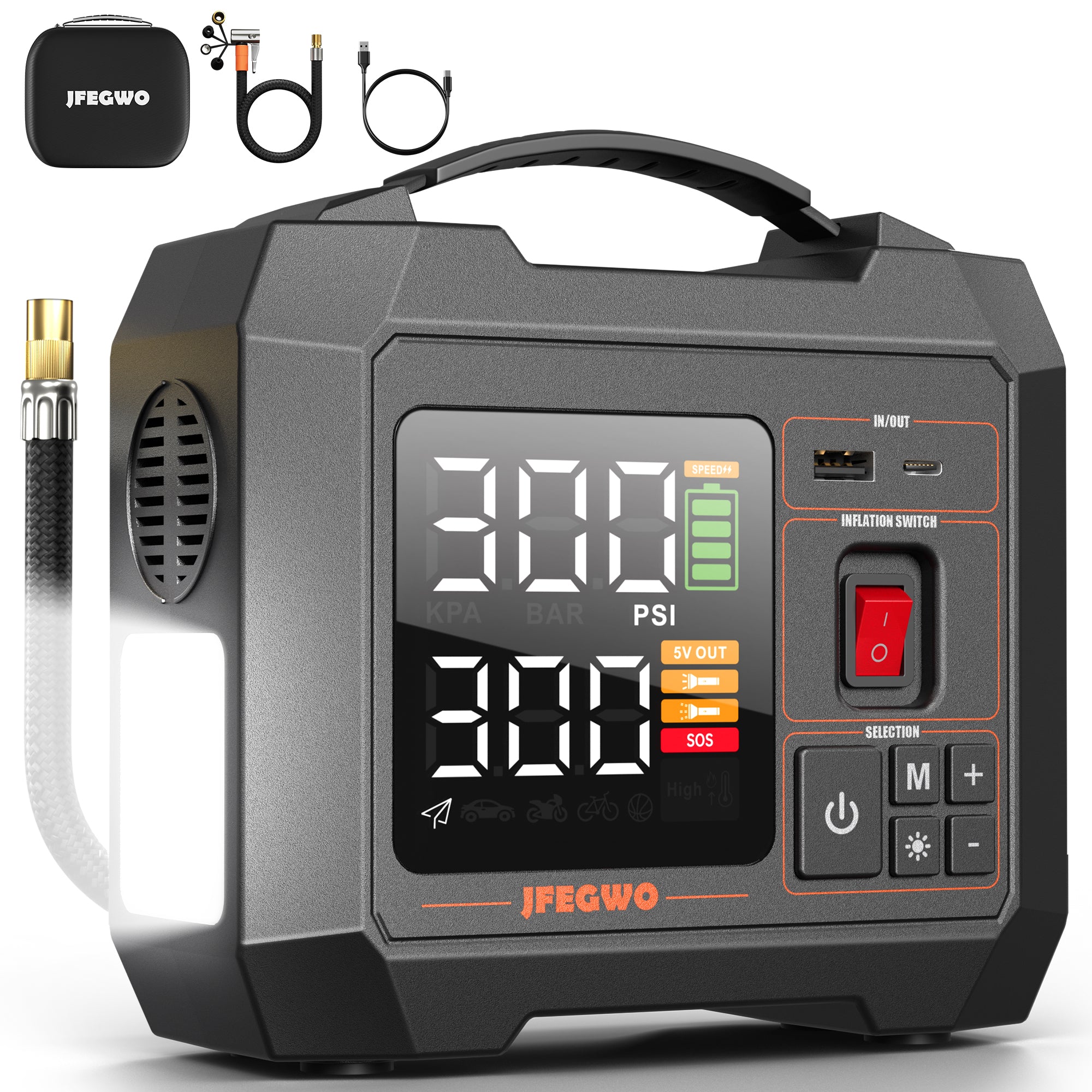 JFEGWO Tire Inflator Portable Air compressor 300PSI Black