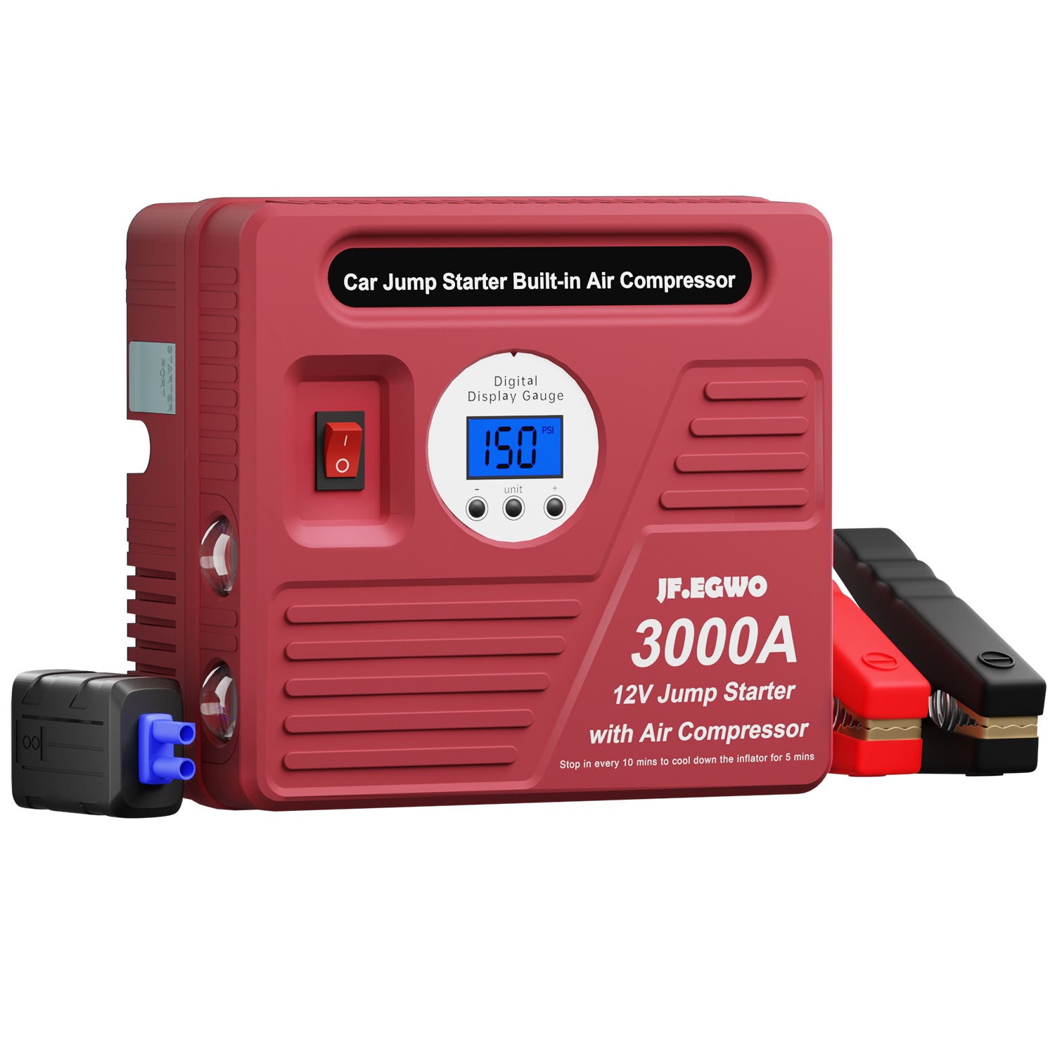 JFEGWO 3000A Jump Starter with Air Compressor Red