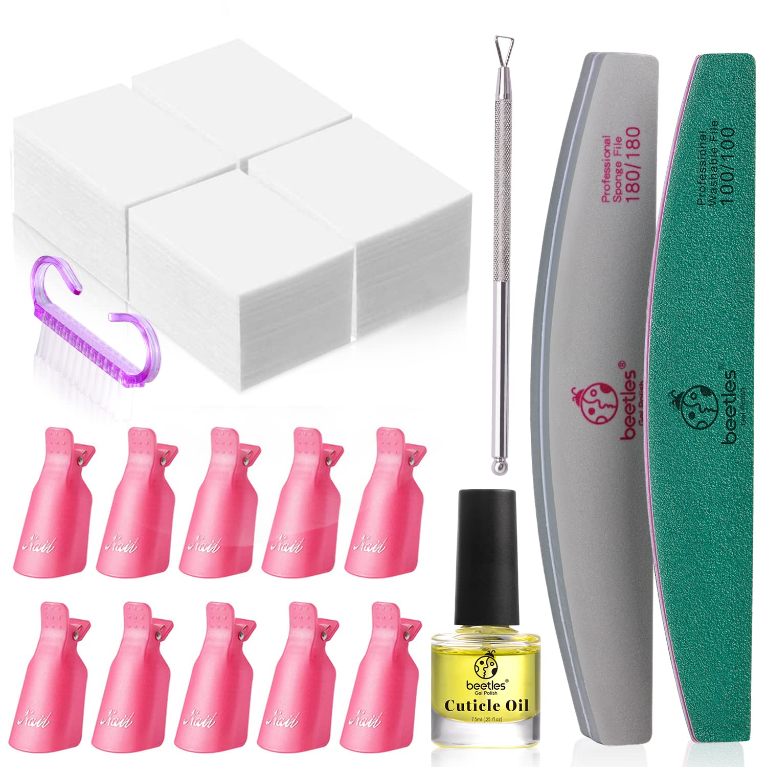 Gel Polish Remover Kit: 450 Lint Free Nail Wipes, 10 Remover Clips, Cuticle Oil, Pusher, Nail File