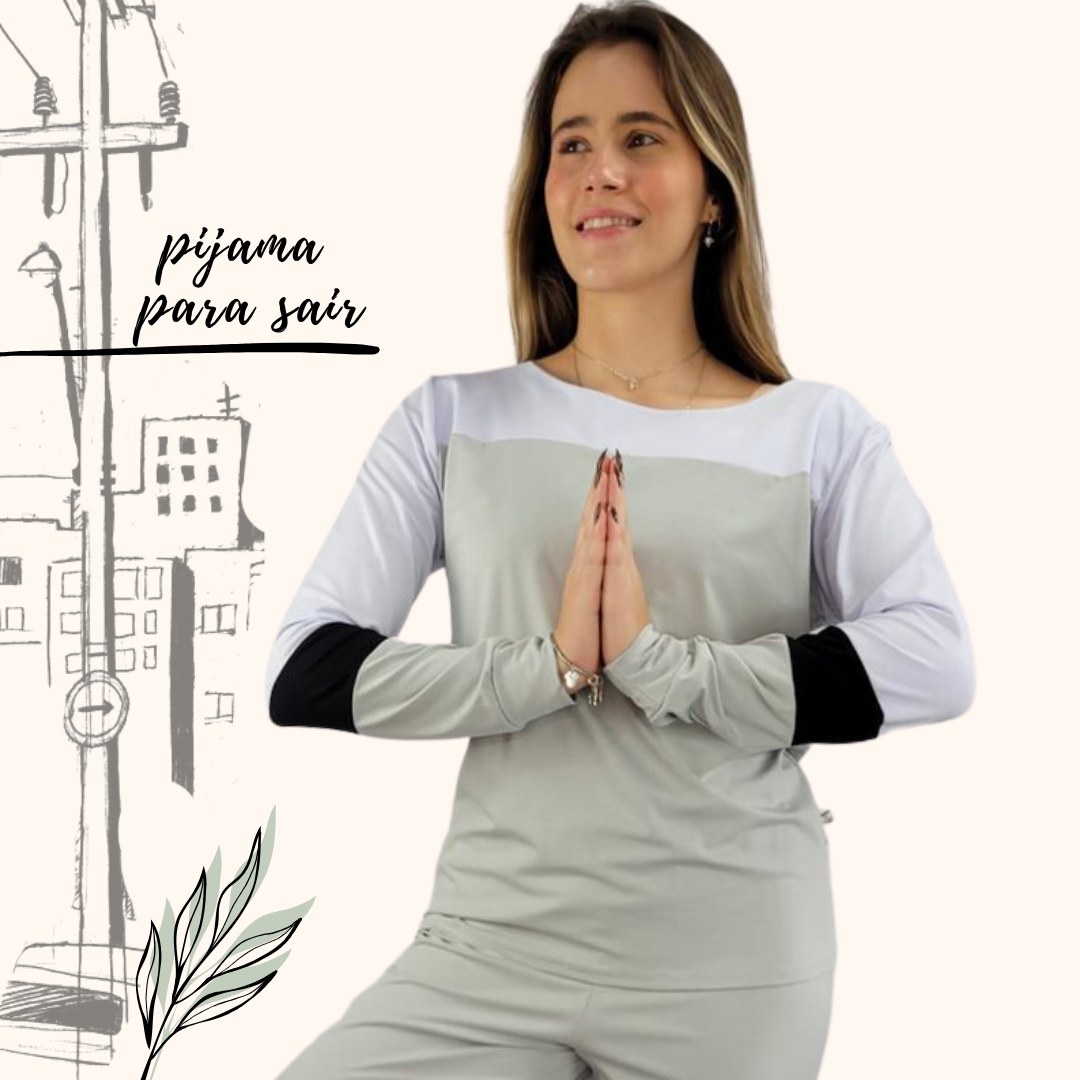 Pijama Feminino Homewear Preguistê Multifuncional Ocasional Hematita Prata e Preto