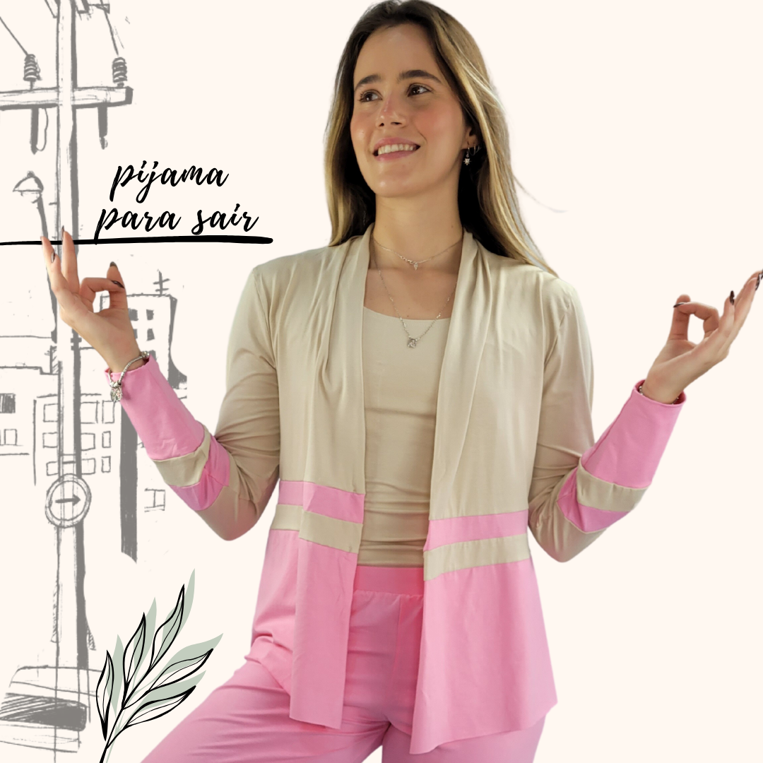 Pijama Feminino Homewear Preguistê Multifuncional Ocasional Presença Bege e Rosa