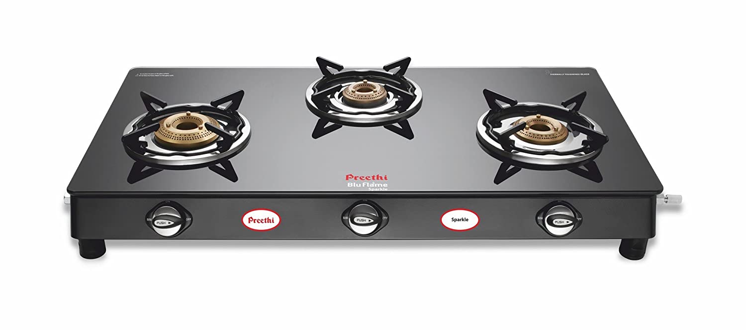 Preethi Blu Flame Sparkle Glass Top 3-Burner Gas Stove, SPARKLE
