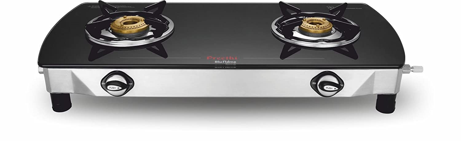 Preethi Blu Flame Streak Glass Top 2-Burner Gas Stove, Black