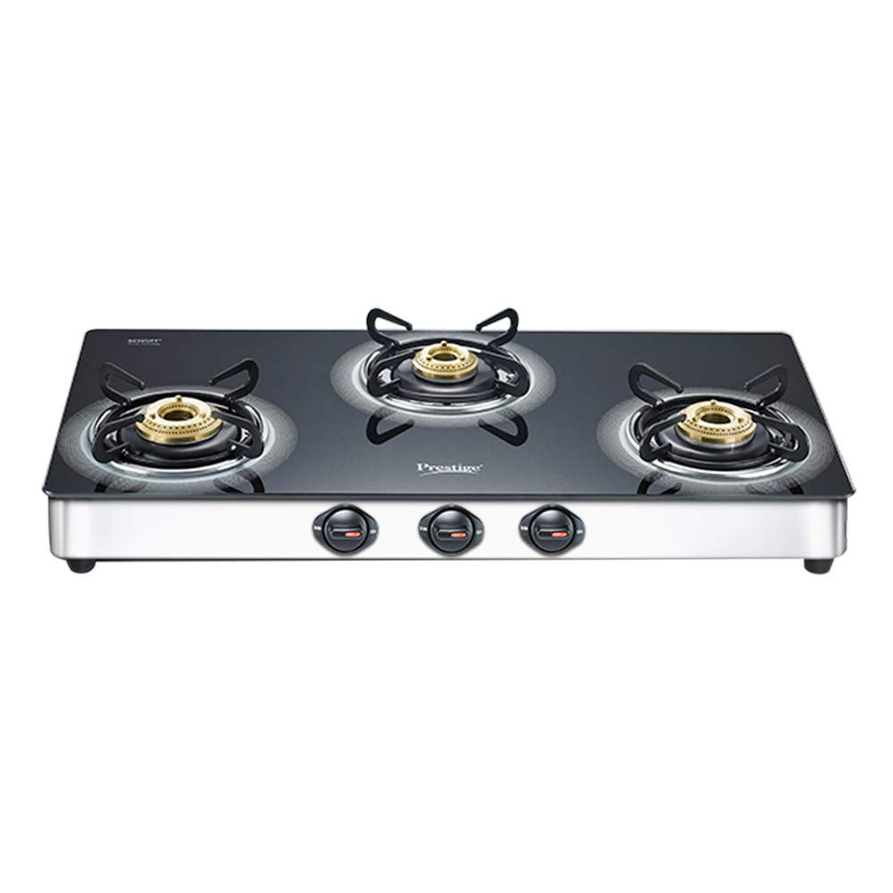 Prestige Royale Plus Schott Glasstop Stainless Steel 3 Burner Gas Stove - GT 03L SS, Black