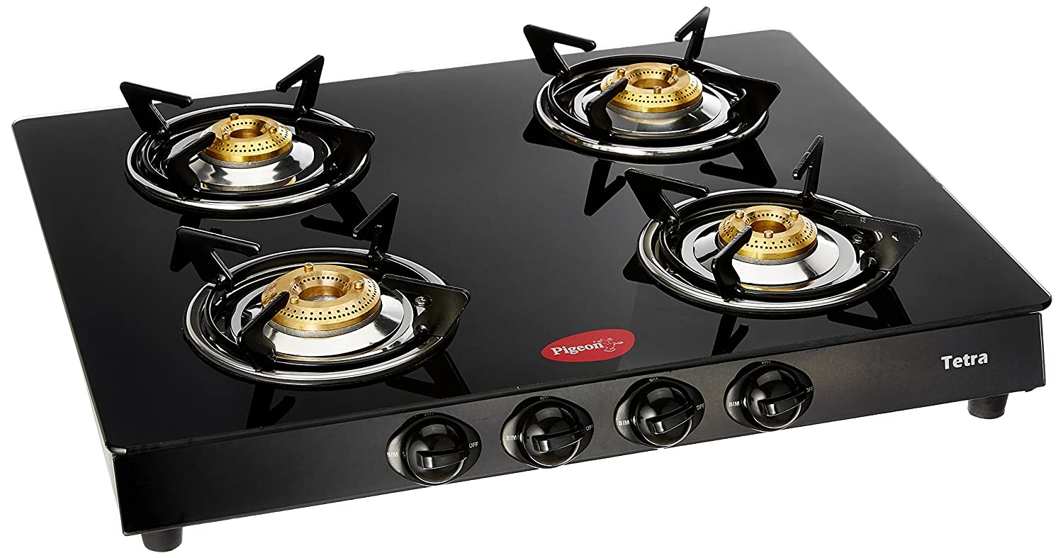 Pigeon by Stovekraft Tetra Glass 4 Burner Gas Stove, Black