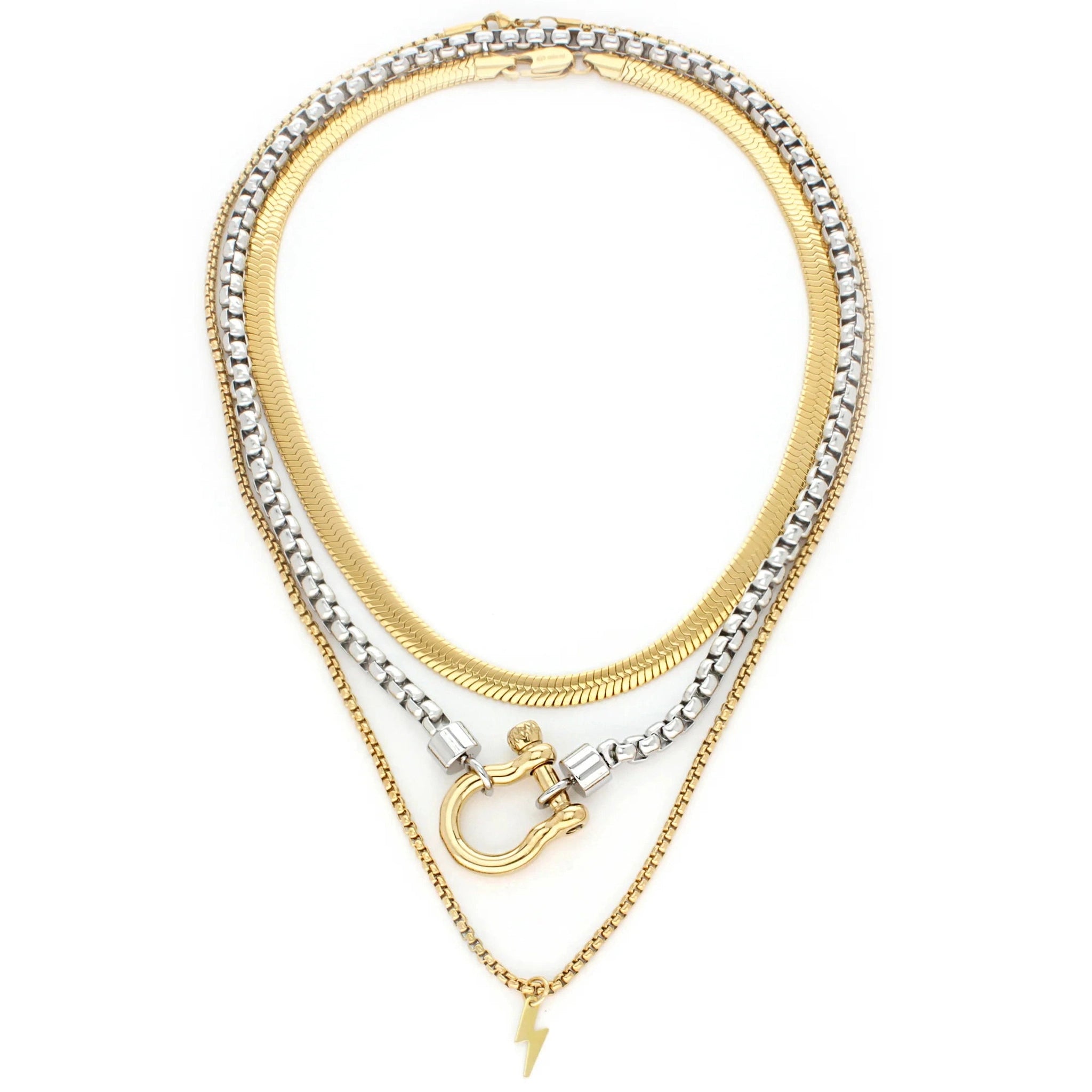 Horseshoe Herringbone and Lightning Bolt Pendant Necklace Stack