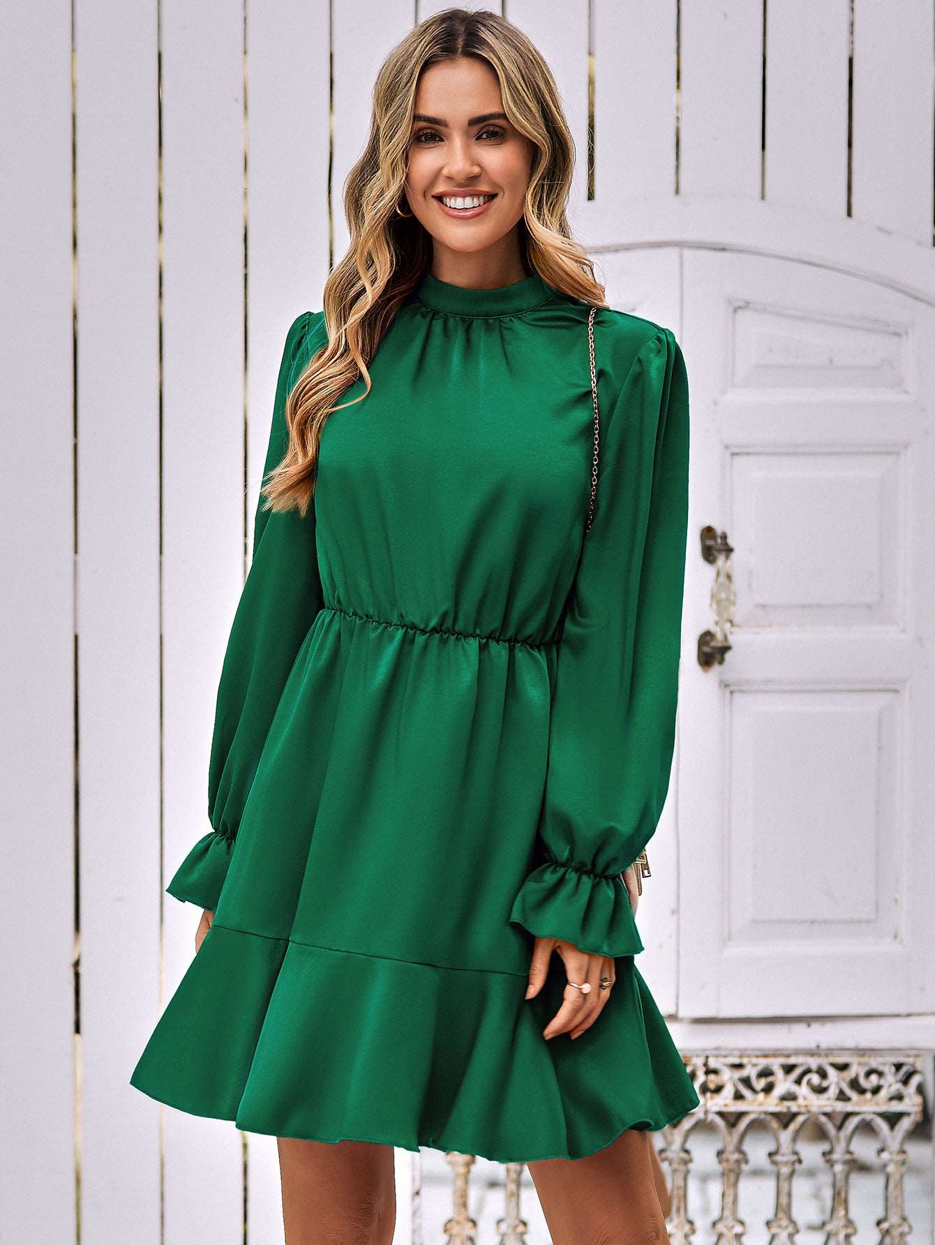 Mock Neck Ruffle Flare Mini Dress