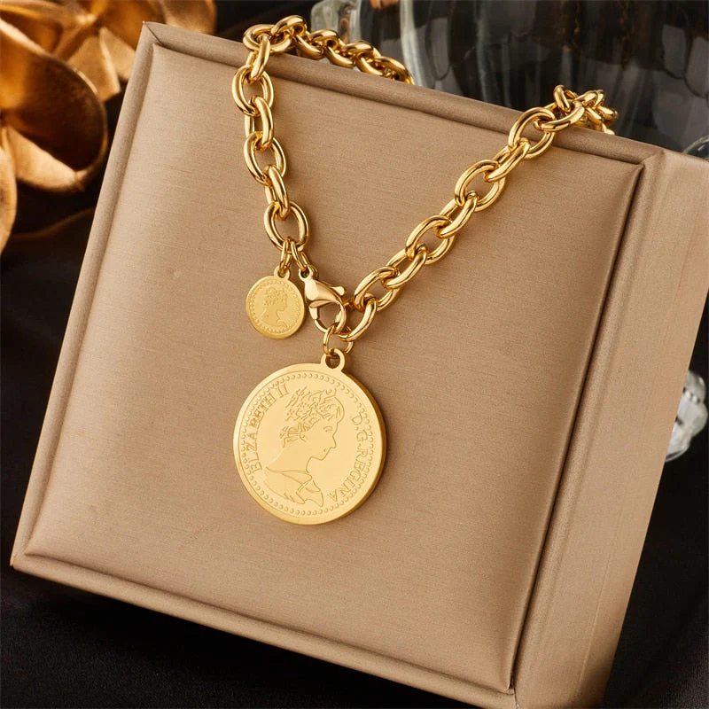 Stainless Steel and Gold Round Portrait Necklace