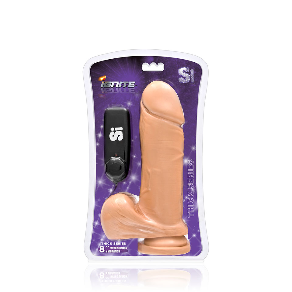 Ignite Thick Vibrating Cock w/ Balls and Suction 8in/20cm, Vanilla/Black