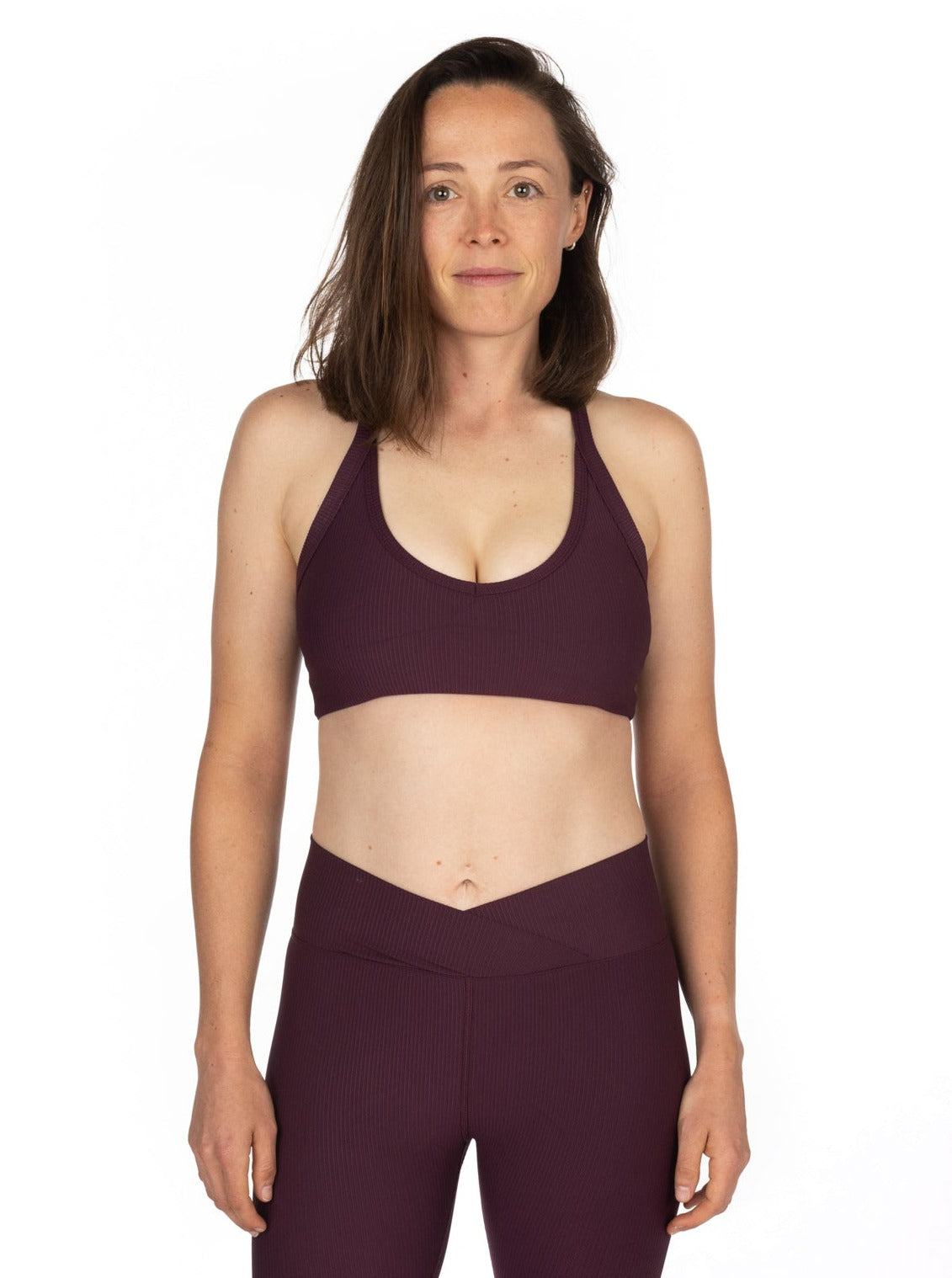 Cross-Back Ribbed Sports Bra in Raisin