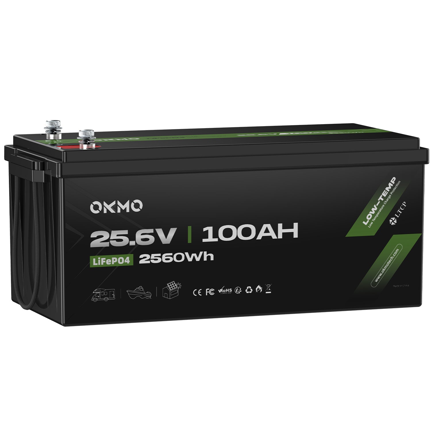 OKMO 24V 100Ah LiFePO4 Lithium Battery for Marine, Trolling Motor, RV, with Low Temperature Protection, 10 Years 15000+ Deep Cycles, 25.6V Iron Phosphate for Home Solar Energy Storage Off-Grid