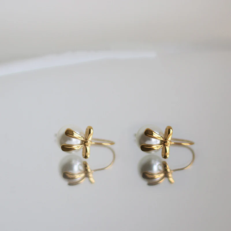 Bow Ribbon Ear Hook Pearl Earrings